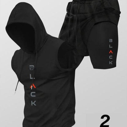 Running Fitness Printed Hooded Sleeveless Tank Top And Shorts Set - RALO COLLECTION STUDIO