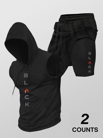 Running Fitness Printed Hooded Sleeveless Tank Top And Shorts Set - RALO COLLECTION STUDIO