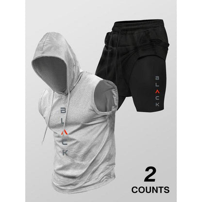 Running Fitness Printed Hooded Sleeveless Tank Top And Shorts Set - RALO COLLECTION STUDIO