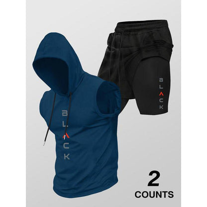 Running Fitness Printed Hooded Sleeveless Tank Top And Shorts Set - RALO COLLECTION STUDIO