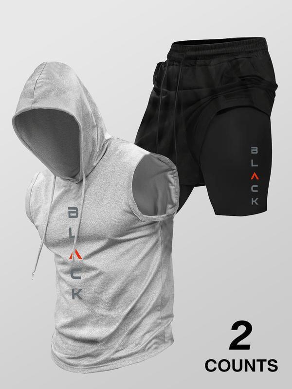 Running Fitness Printed Hooded Sleeveless Tank Top And Shorts Set - RALO COLLECTION STUDIO