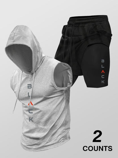 Running Fitness Printed Hooded Sleeveless Tank Top And Shorts Set - RALO COLLECTION STUDIO