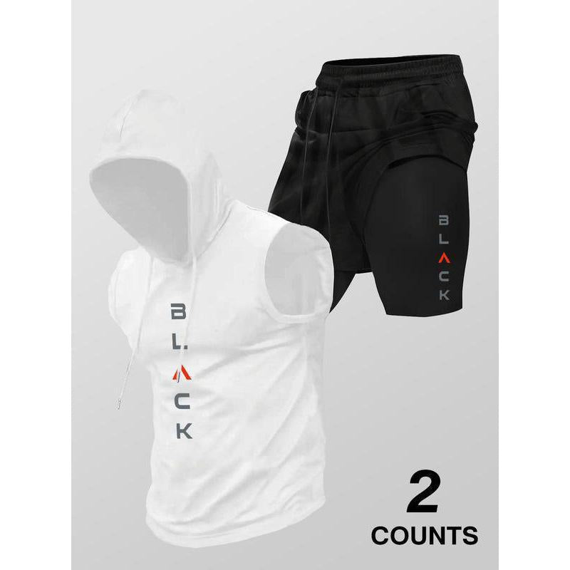 Running Fitness Printed Hooded Sleeveless Tank Top And Shorts Set - RALO COLLECTION STUDIO