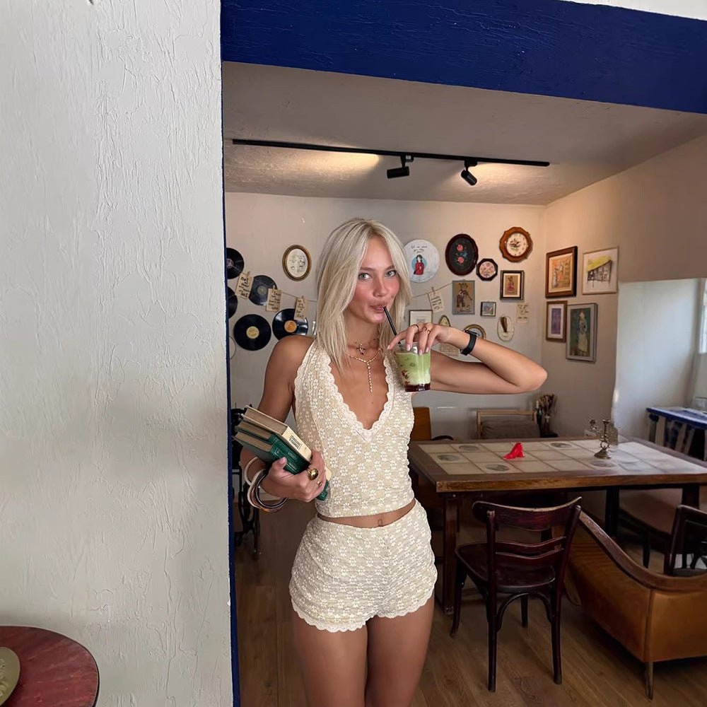 Sexy Chic Halter-top And Figure-hugging Lace-panelled Shorts - RALO COLLECTION STUDIO