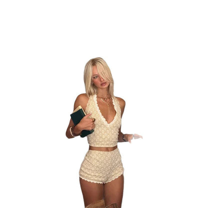 Sexy Chic Halter-top And Figure-hugging Lace-panelled Shorts - RALO COLLECTION STUDIO