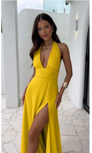 Sexy Halterneck V-neck Slit Dress Summer Backless Strappy Skirt Fashion Temperament Clothing Women - RALO COLLECTION STUDIO