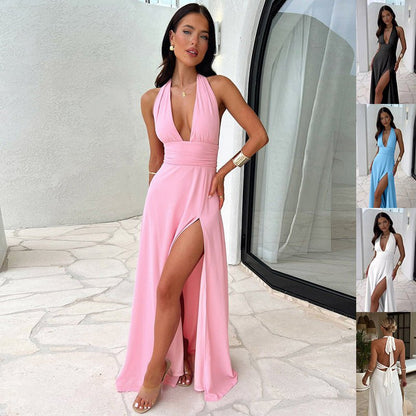 Sexy Halterneck V-neck Slit Dress Summer Backless Strappy Skirt Fashion Temperament Clothing Women - RALO COLLECTION STUDIO