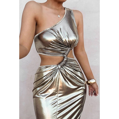 Sexy Oblique Shoulder Midriff Outfit Hollow Coating Dress - RALO COLLECTION STUDIO