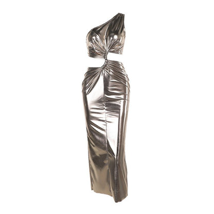 Sexy Oblique Shoulder Midriff Outfit Hollow Coating Dress - RALO COLLECTION STUDIO