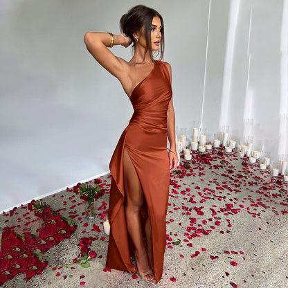 Sexy One-shoulder Backless Slit Dress Summer Elegant Slim-fit Solid Color Satin Dresses For Women - RALO COLLECTION STUDIO