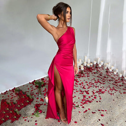 Sexy One-shoulder Backless Slit Dress Summer Elegant Slim-fit Solid Color Satin Dresses For Women - RALO COLLECTION STUDIO