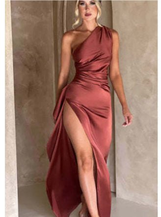 Sexy One-shoulder Backless Slit Dress Summer Elegant Slim-fit Solid Color Satin Dresses For Women - RALO COLLECTION STUDIO