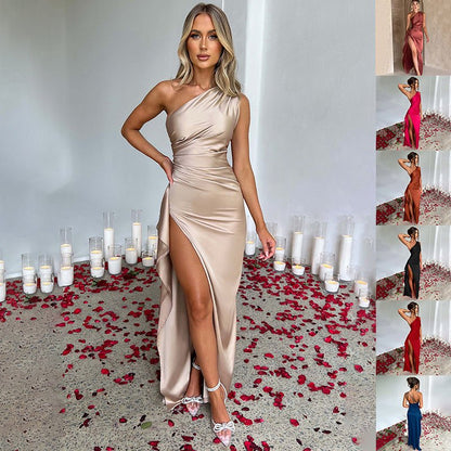 Sexy One-shoulder Backless Slit Dress Summer Elegant Slim-fit Solid Color Satin Dresses For Women - RALO COLLECTION STUDIO