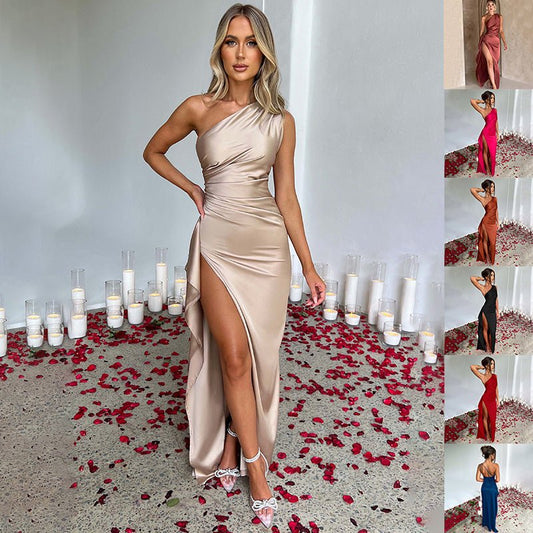 Sexy One-shoulder Backless Slit Dress Summer Elegant Slim-fit Solid Color Satin Dresses For Women - RALO COLLECTION STUDIO