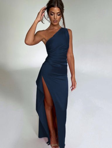 Sexy One-shoulder Backless Slit Dress Summer Elegant Slim-fit Solid Color Satin Dresses For Women - RALO COLLECTION STUDIO