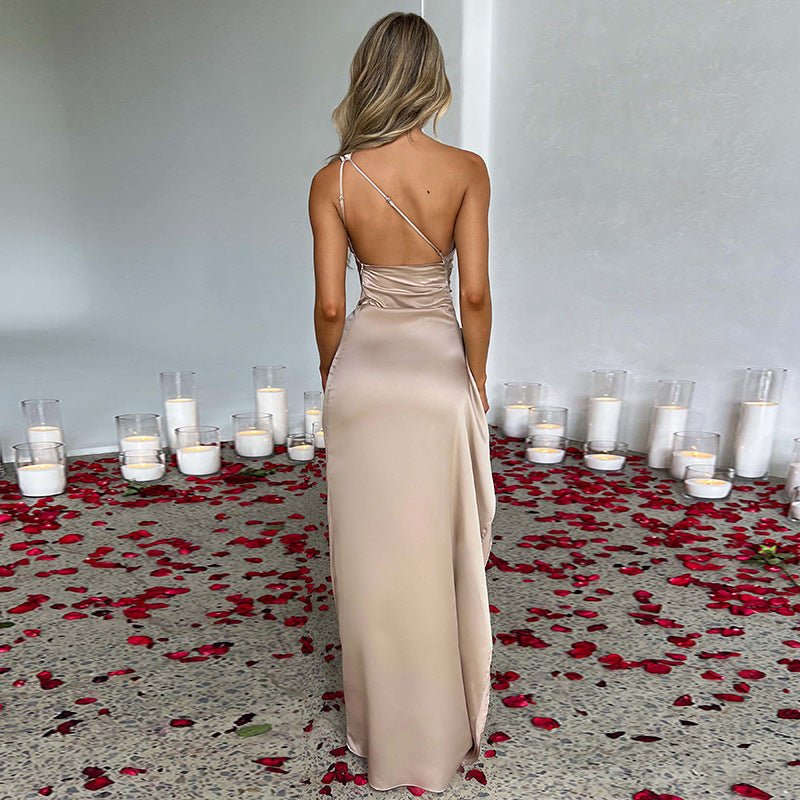 Sexy One-shoulder Backless Slit Dress Summer Elegant Slim-fit Solid Color Satin Dresses For Women - RALO COLLECTION STUDIO