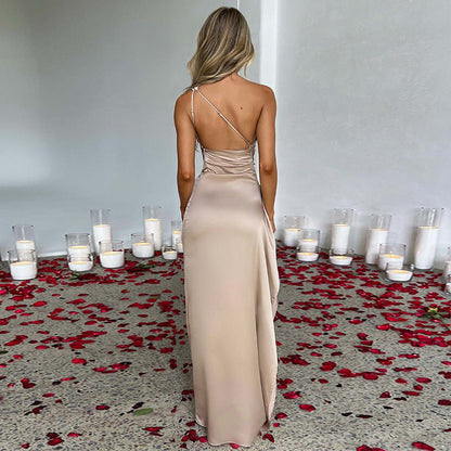 Sexy One-shoulder Backless Slit Dress Summer Elegant Slim-fit Solid Color Satin Dresses For Women - RALO COLLECTION STUDIO