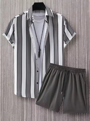 Ralo Striped Lapel Short Sleeve Shirt & Shorts Two-Piece Set - RALO COLLECTION STUDIO