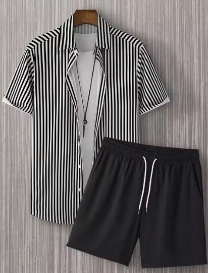 Ralo Striped Lapel Short Sleeve Shirt & Shorts Two-Piece Set - RALO COLLECTION STUDIO