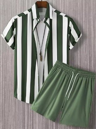 Ralo Striped Lapel Short Sleeve Shirt & Shorts Two-Piece Set - RALO COLLECTION STUDIO