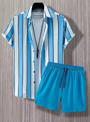 Ralo Striped Lapel Short Sleeve Shirt & Shorts Two-Piece Set - RALO COLLECTION STUDIO