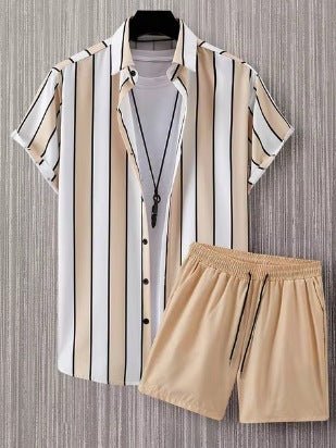 Ralo Striped Lapel Short Sleeve Shirt & Shorts Two-Piece Set - RALO COLLECTION STUDIO