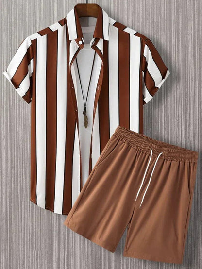 Ralo Striped Lapel Short Sleeve Shirt & Shorts Two-Piece Set - RALO COLLECTION STUDIO