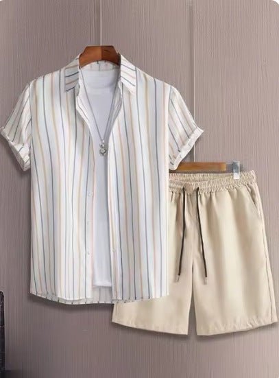 Ralo Striped Lapel Short Sleeve Shirt & Shorts Two-Piece Set - RALO COLLECTION STUDIO