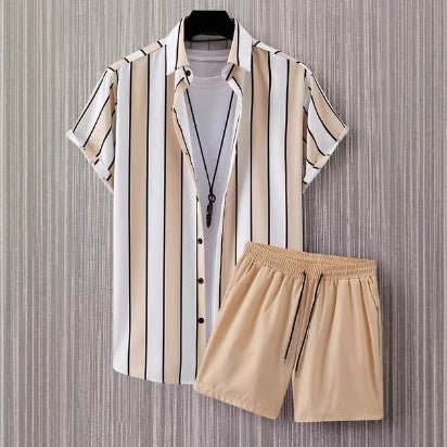 Ralo Striped Lapel Short Sleeve Shirt & Shorts Two-Piece Set - RALO COLLECTION STUDIO