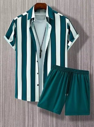 Ralo Striped Lapel Short Sleeve Shirt & Shorts Two-Piece Set - RALO COLLECTION STUDIO
