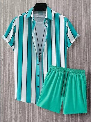 Ralo Striped Lapel Short Sleeve Shirt & Shorts Two-Piece Set - RALO COLLECTION STUDIO