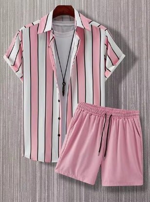 Ralo Striped Lapel Short Sleeve Shirt & Shorts Two-Piece Set - RALO COLLECTION STUDIO