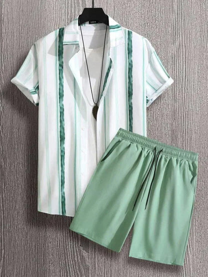 Ralo Striped Lapel Short Sleeve Shirt & Shorts Two-Piece Set - RALO COLLECTION STUDIO