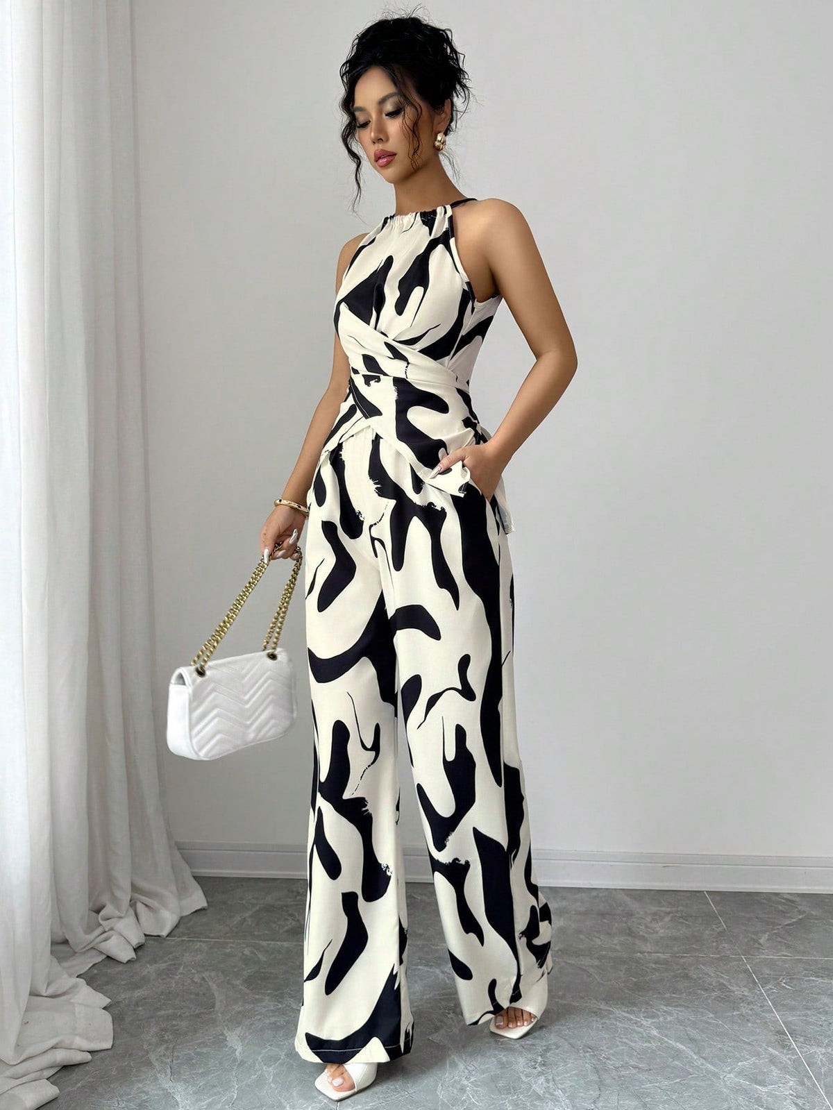 Slim And Loose Black And White Milk Pattern Print Halter Neck Suit - RALO COLLECTION STUDIO
