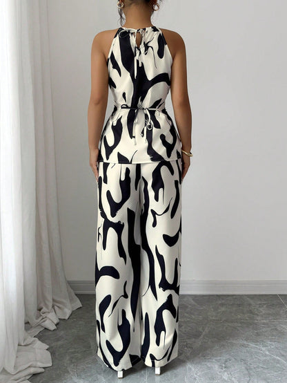Slim And Loose Black And White Milk Pattern Print Halter Neck Suit - RALO COLLECTION STUDIO