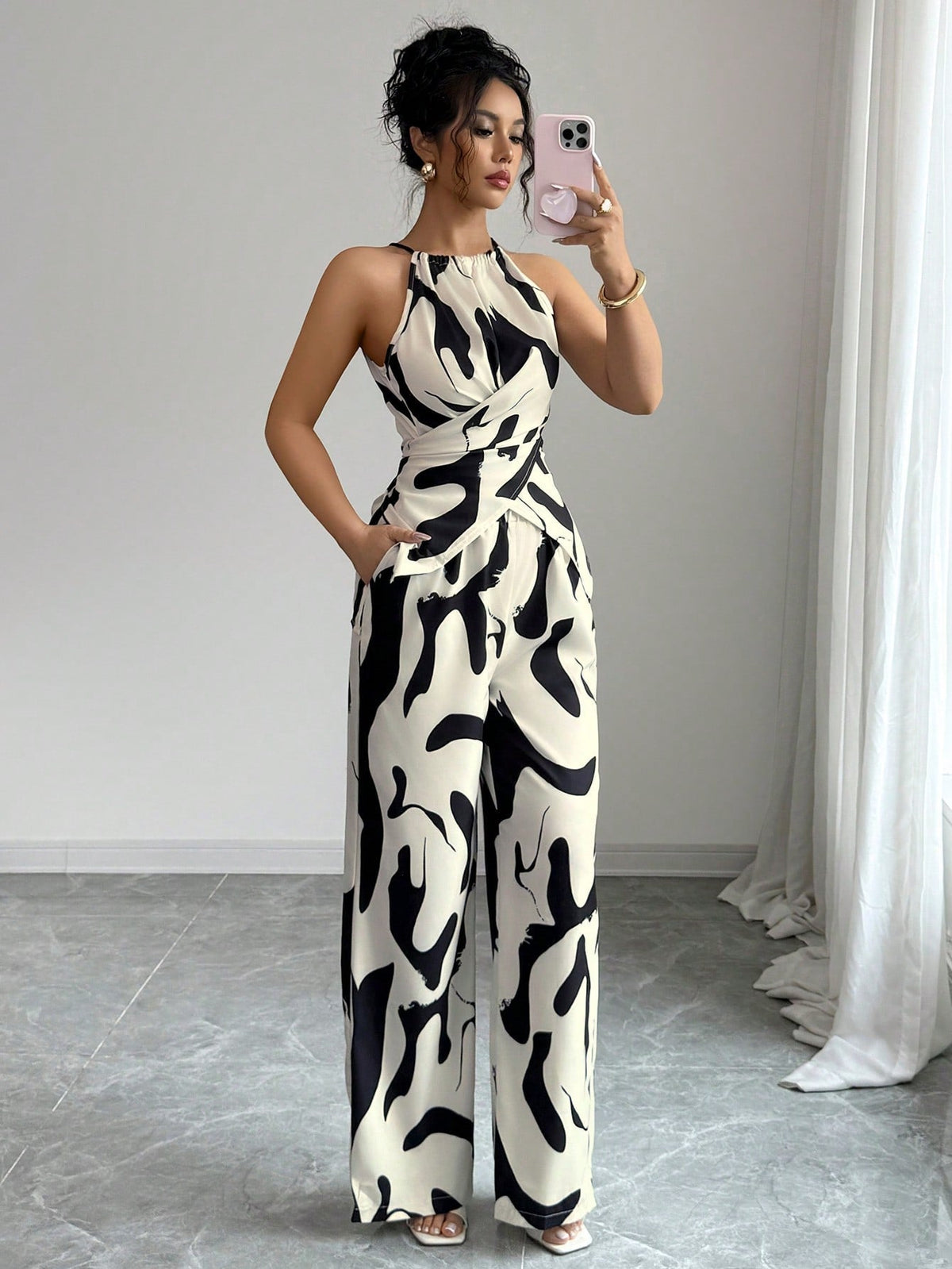Slim And Loose Black And White Milk Pattern Print Halter Neck Suit - RALO COLLECTION STUDIO