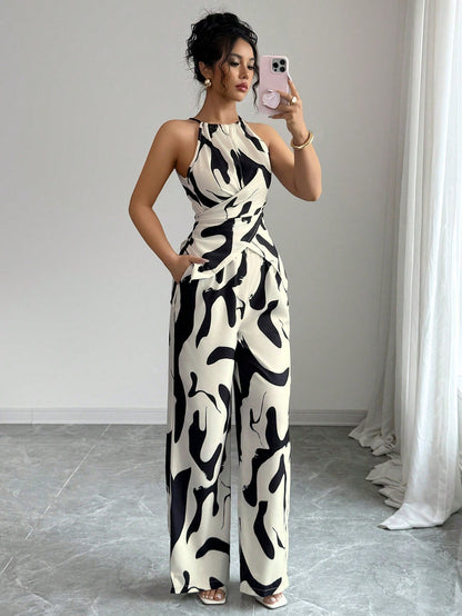 Slim And Loose Black And White Milk Pattern Print Halter Neck Suit - RALO COLLECTION STUDIO