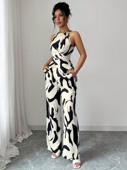 Slim And Loose Black And White Milk Pattern Print Halter Neck Suit - RALO COLLECTION STUDIO