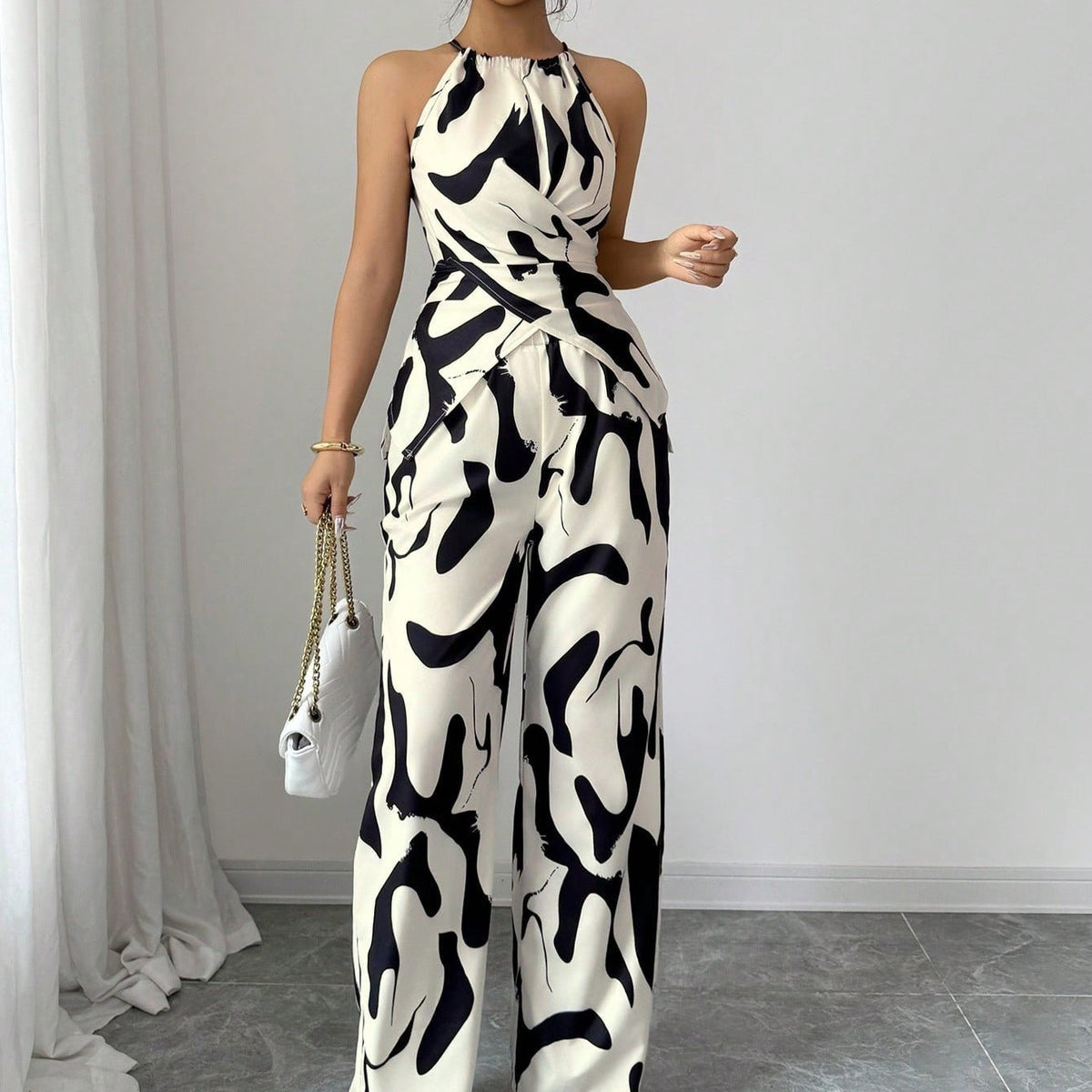 Slim And Loose Black And White Milk Pattern Print Halter Neck Suit - RALO COLLECTION STUDIO