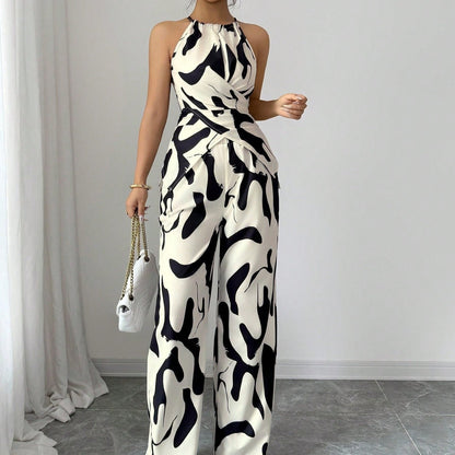Slim And Loose Black And White Milk Pattern Print Halter Neck Suit - RALO COLLECTION STUDIO