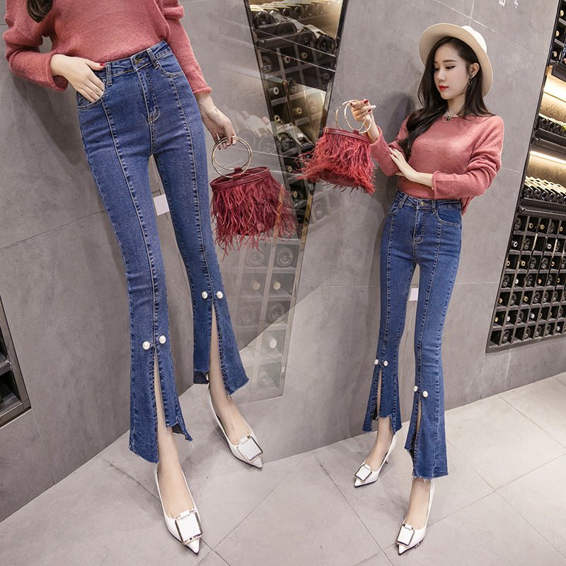 Slit Cropped Micro-flare Jeans Women Slim Slim Straight-leg Pants Trousers - RALO COLLECTION STUDIO