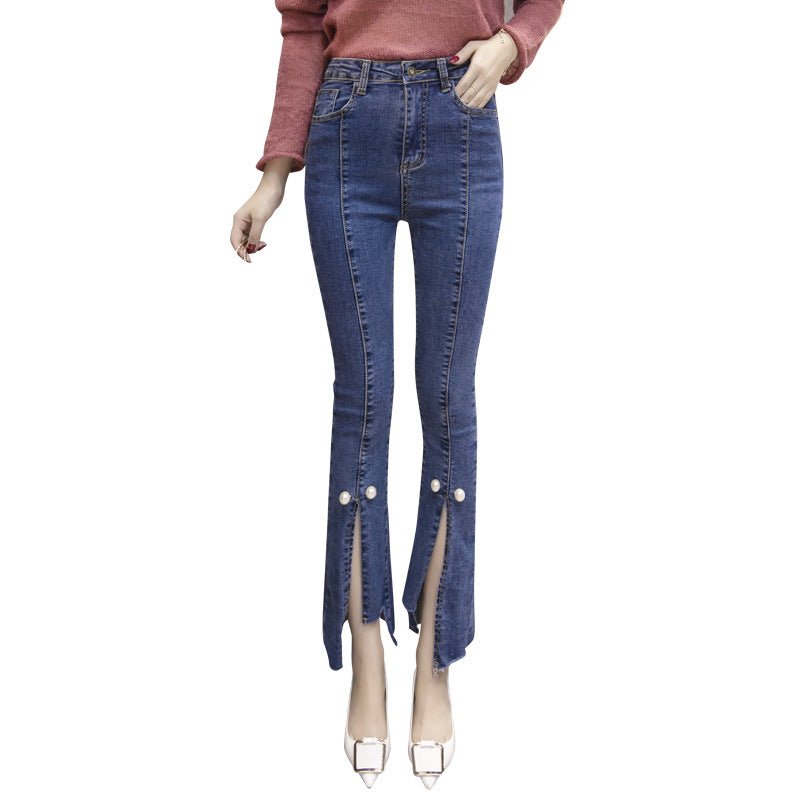 Slit Cropped Micro-flare Jeans Women Slim Slim Straight-leg Pants Trousers - RALO COLLECTION STUDIO