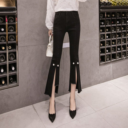 Slit Cropped Micro-flare Jeans Women Slim Slim Straight-leg Pants Trousers - RALO COLLECTION STUDIO