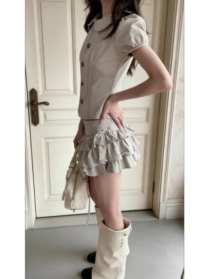 Soft And Stylish Ruffled-collar Waist-cinched Top With A Matching Skirttwo-piece Set - RALO COLLECTION STUDIO