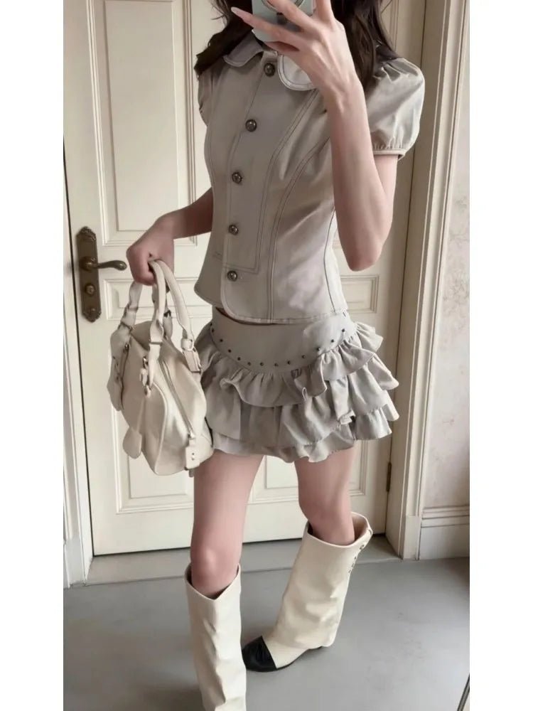 Soft And Stylish Ruffled-collar Waist-cinched Top With A Matching Skirttwo-piece Set - RALO COLLECTION STUDIO