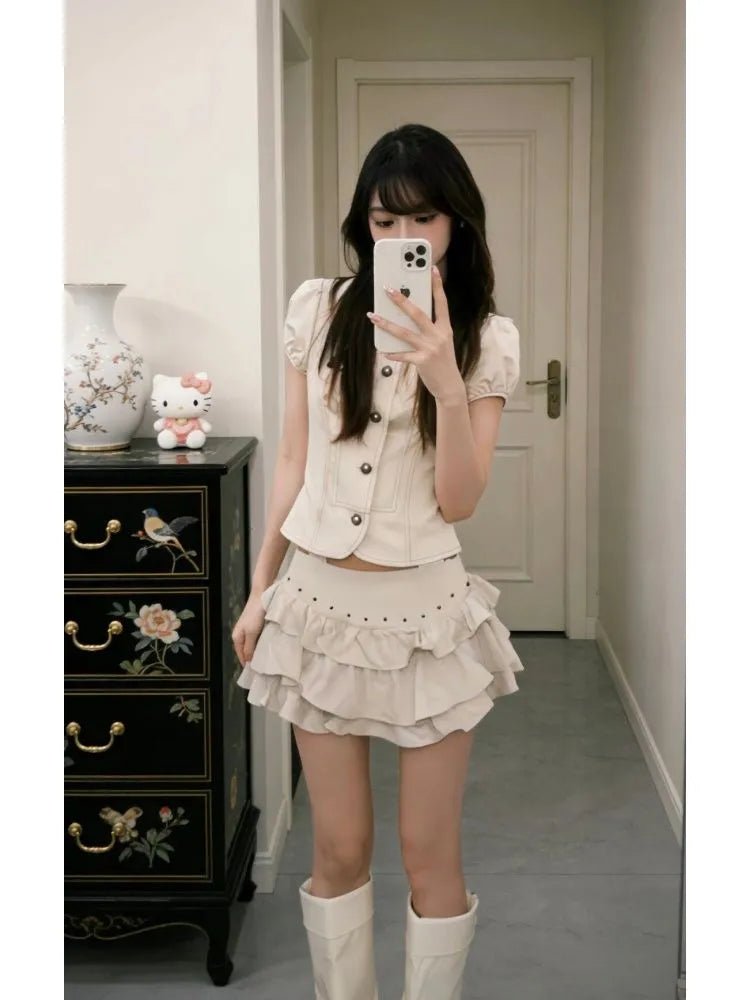 Soft And Stylish Ruffled-collar Waist-cinched Top With A Matching Skirttwo-piece Set - RALO COLLECTION STUDIO