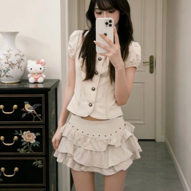 Soft And Stylish Ruffled-collar Waist-cinched Top With A Matching Skirttwo-piece Set - RALO COLLECTION STUDIO