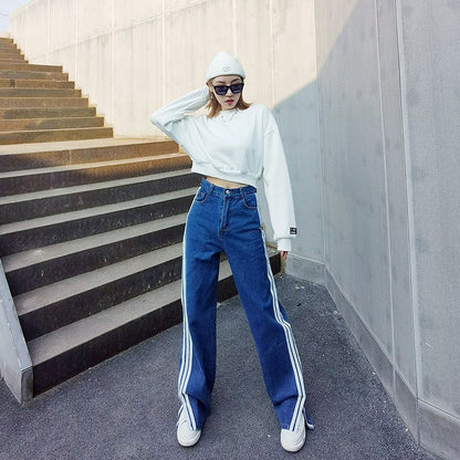 Split White Striped Blue Jeans Women's All-Match Casual Wide-Leg Pants - RALO COLLECTION STUDIO