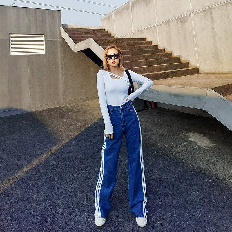 Split White Striped Blue Jeans Women's All-Match Casual Wide-Leg Pants - RALO COLLECTION STUDIO