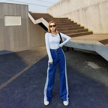 Split White Striped Blue Jeans Women's All-Match Casual Wide-Leg Pants - RALO COLLECTION STUDIO